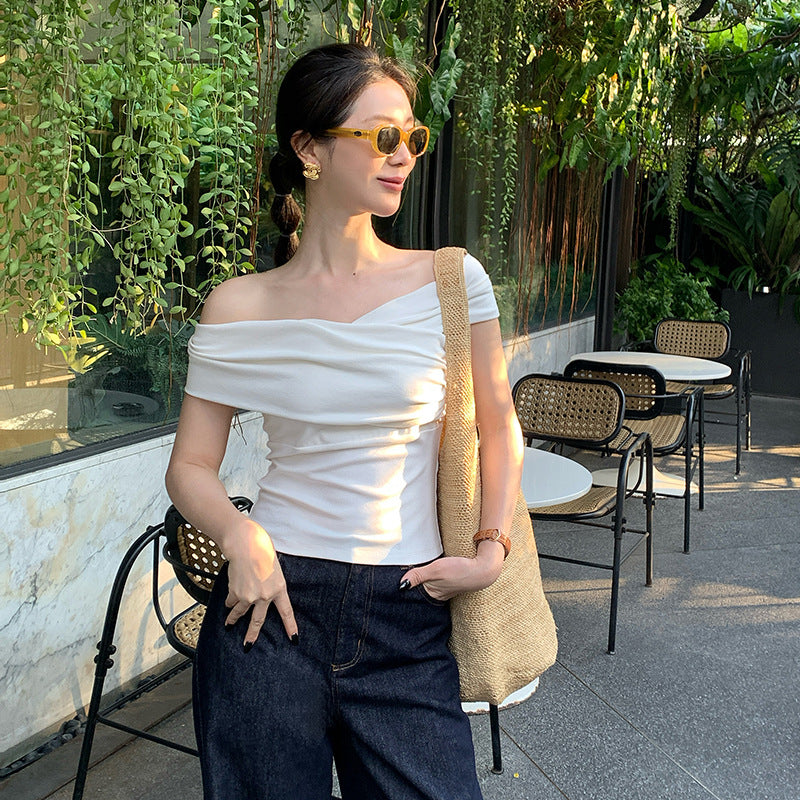 2025 spring and summer new Korean version of simple temperament one-word collar short-sleeved knitted sweater women's top tide 89303