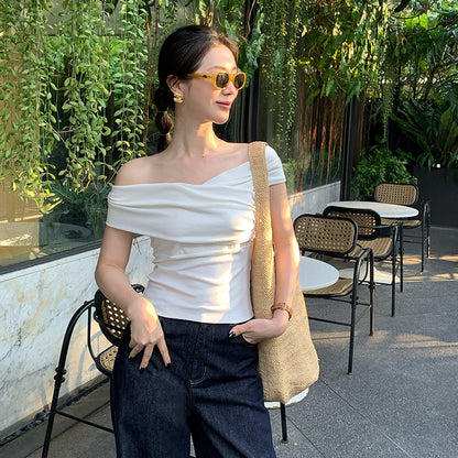 2025 spring and summer new Korean version of simple temperament one-word collar short-sleeved knitted sweater women's top tide 89303