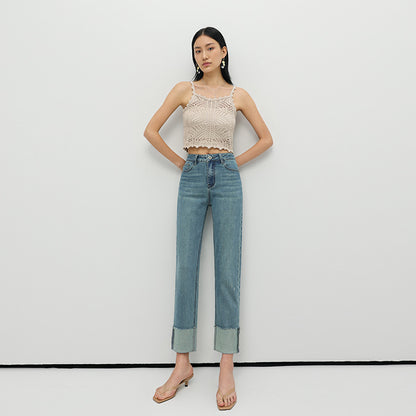 2025 In summer, Xinjiang long-staple cotton micro-elastic stylish flanged straight-leg pants high-definition women's denim nine-point pants are sent on behalf of others