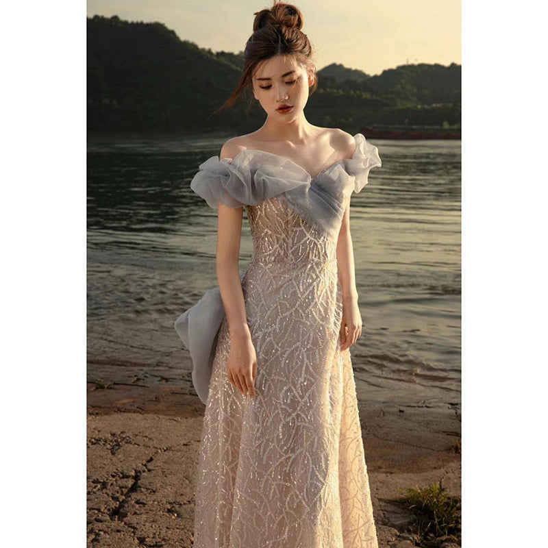 One-word shoulder  banquet evening dress women's 2025 new spring girlfriend bridesmaid engagement toasting dress bridal dress