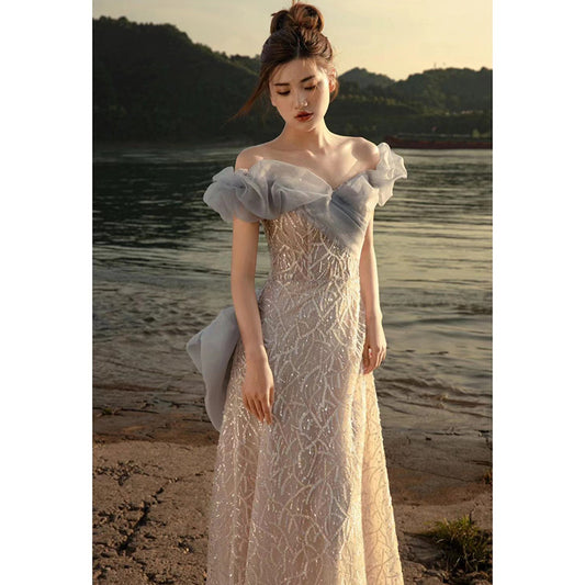 One-word shoulder  banquet evening dress women's 2025 new spring girlfriend bridesmaid engagement toasting dress bridal dress