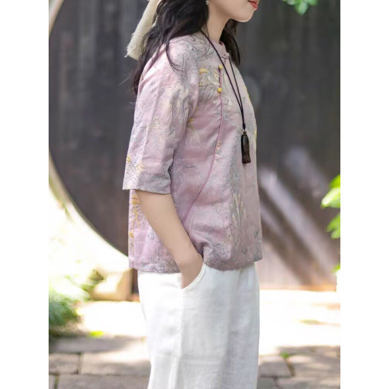 Literary and elegant ramie embroidered new Chinese shirt women's summer niche design stand-up collar diagonal placket middle-sleeved top