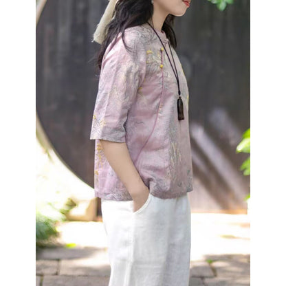 Literary and elegant ramie embroidered new Chinese shirt women's summer niche design stand-up collar diagonal placket middle-sleeved top