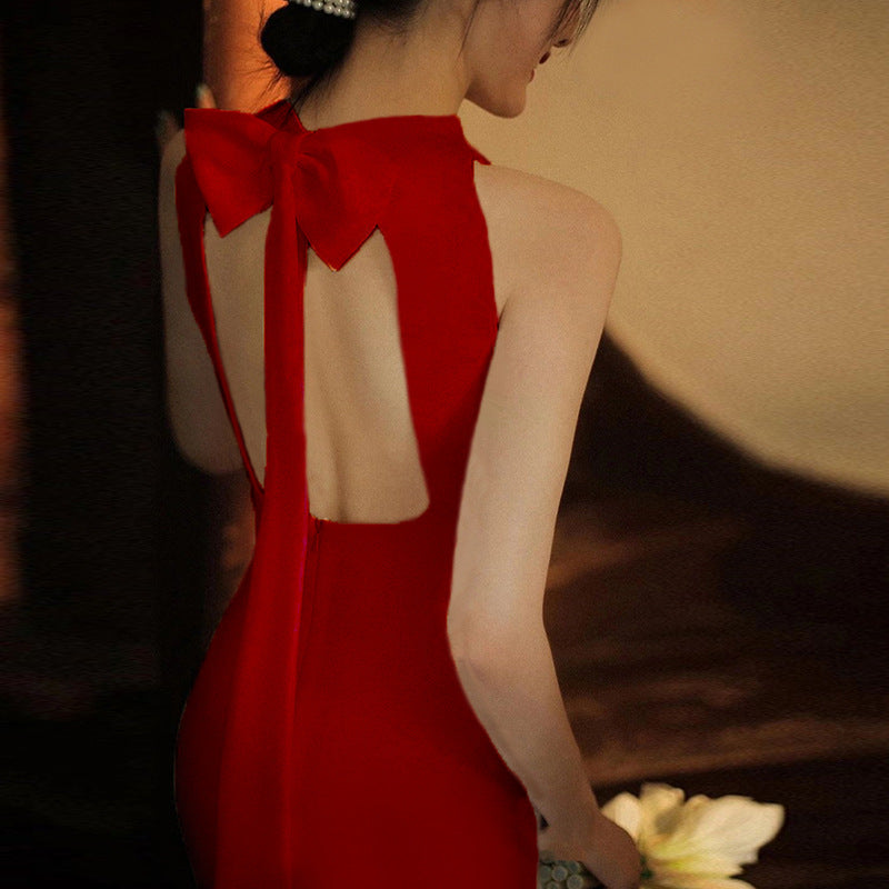 2025 Fish tail light wedding dress temperament thin white simple welcome door yarn satin evening dress bride toast dress