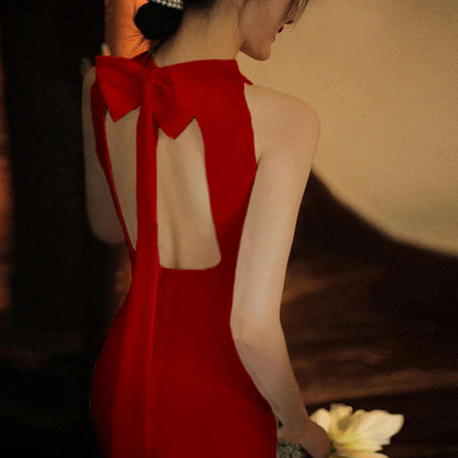 2025 Fish tail light wedding dress temperament thin white simple welcome door yarn satin evening dress bride toast dress