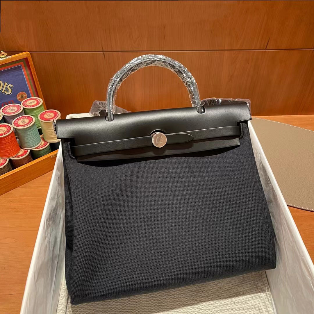 FLOWERSVERSE 2025 Handmade wax thread herbag leather inner seam Kelly bag Cowhide canvas color matching contrasting handbag One shoulder messenger bag