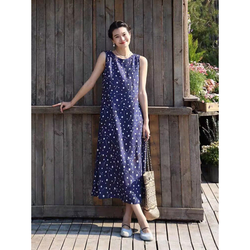 Printed sleeveless vest long dress  summer new literary and retro floral loose round neck medium and long dress