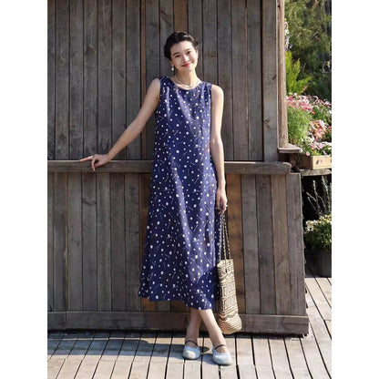 Printed sleeveless vest long dress  summer new literary and retro floral loose round neck medium and long dress