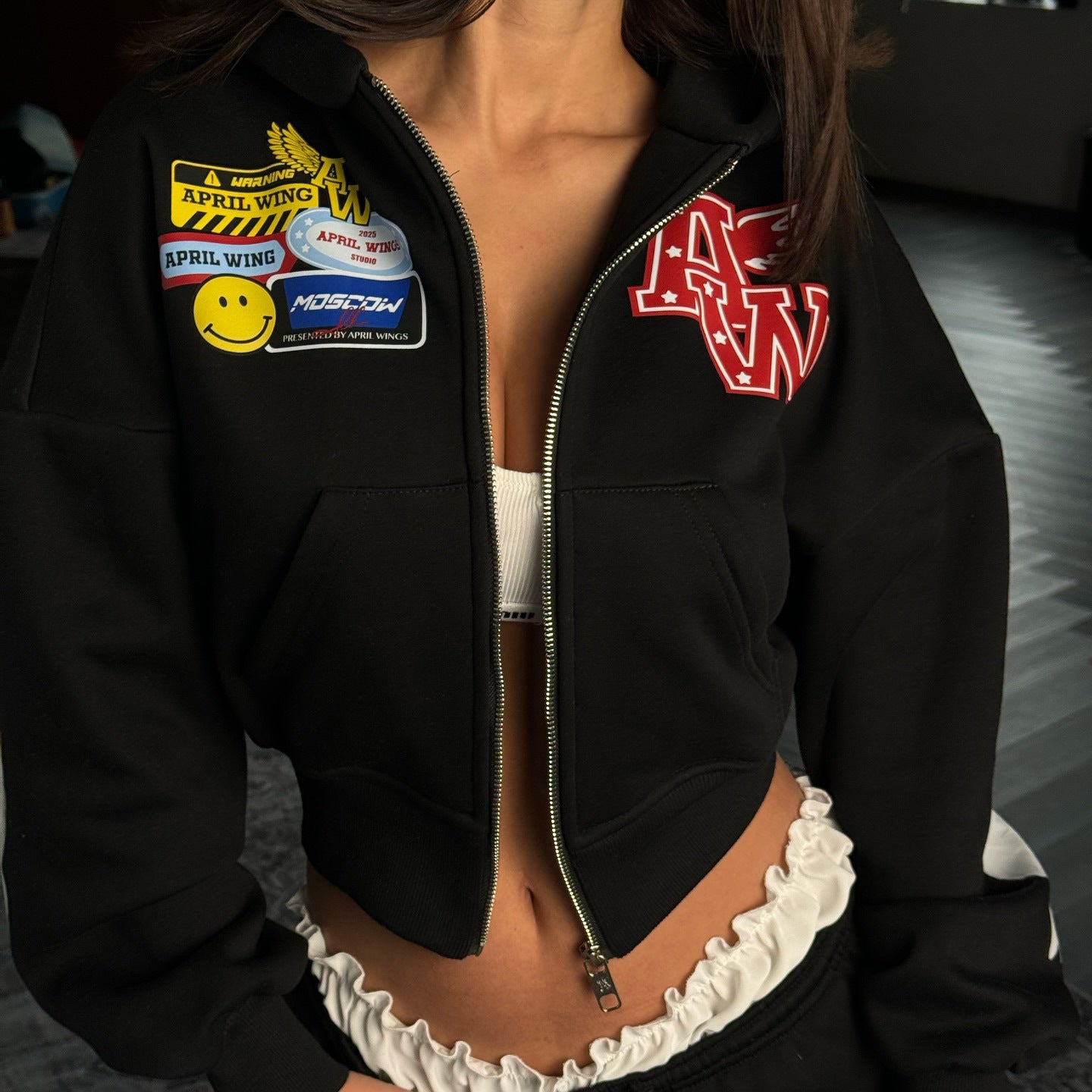 Spring  new short suit sweater  loose hooded letter printing niche suit women