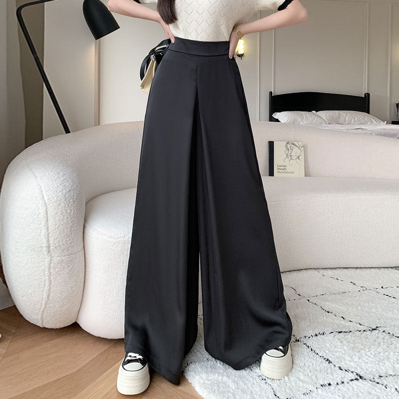 flowersverse High-Grade Acetate Silky Satin Casual Pants Women's Drooping Wide-Leg Pants Skirt  Summer New Solid Color High Waist Trousers