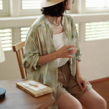 Shirt women's summer, ink printing stand-up collar long-sleeved cardigan, casual loose retro shirt top women B0639