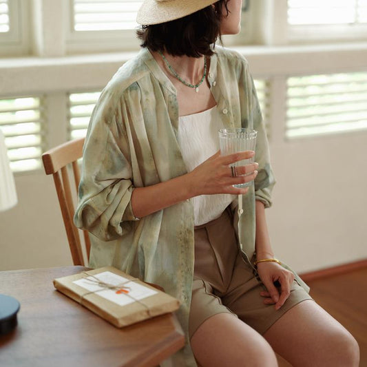 Shirt women's summer, ink printing stand-up collar long-sleeved cardigan, casual loose retro shirt top women B0639