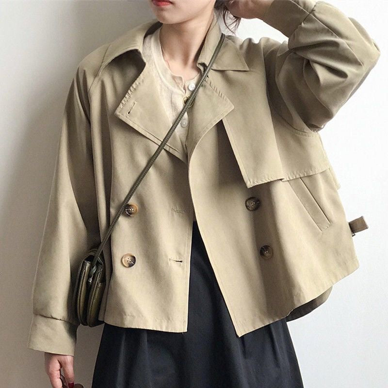 flowersverse Buttoned Pockets Solid Color Loose Notched Collar Trench Coats