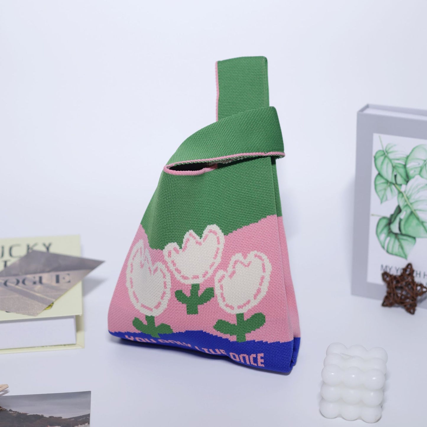 FLOWERSVERSE  INS Internet Hot New Handbag Women's Knitted Bag Japanese and Korean Style All-Match Hand Carrying Casual Tote Bag Factory Wholesale