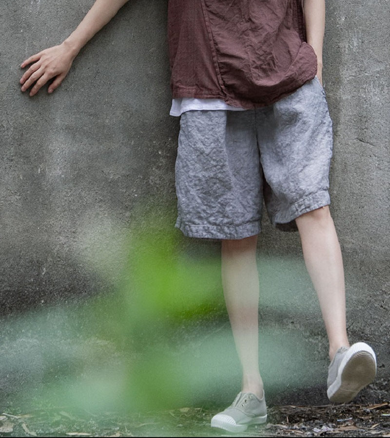 summer refreshing design short casual pants linen breathing mottled literary wide-leg shorts