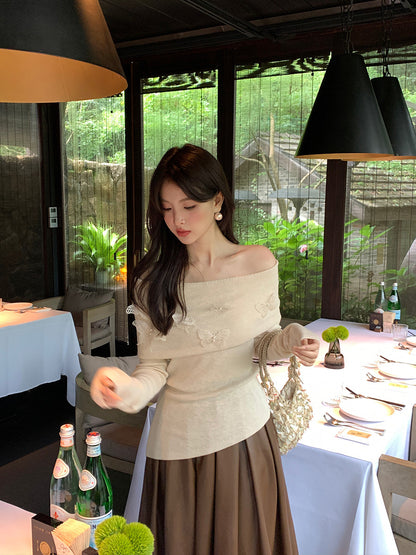 2025 popular autumn new temperament one-word collar versatile bottoming shirt long-sleeved knitted sweater women's top 25020