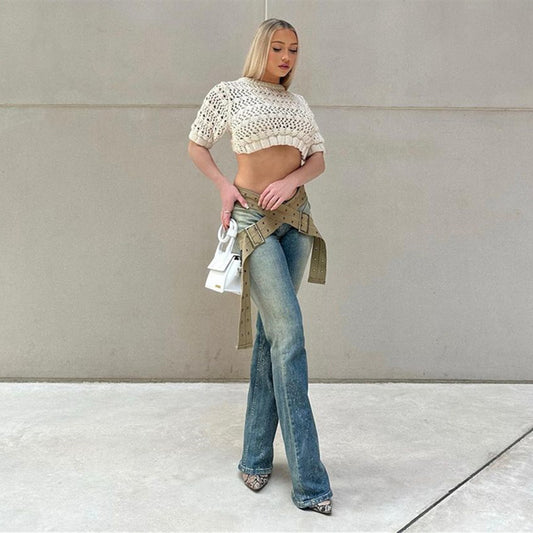 flowersverse Winding Belt Jeans Women's Summer New NEWn Retro High Street Hot Girl Style Low Waist Straight Jeans