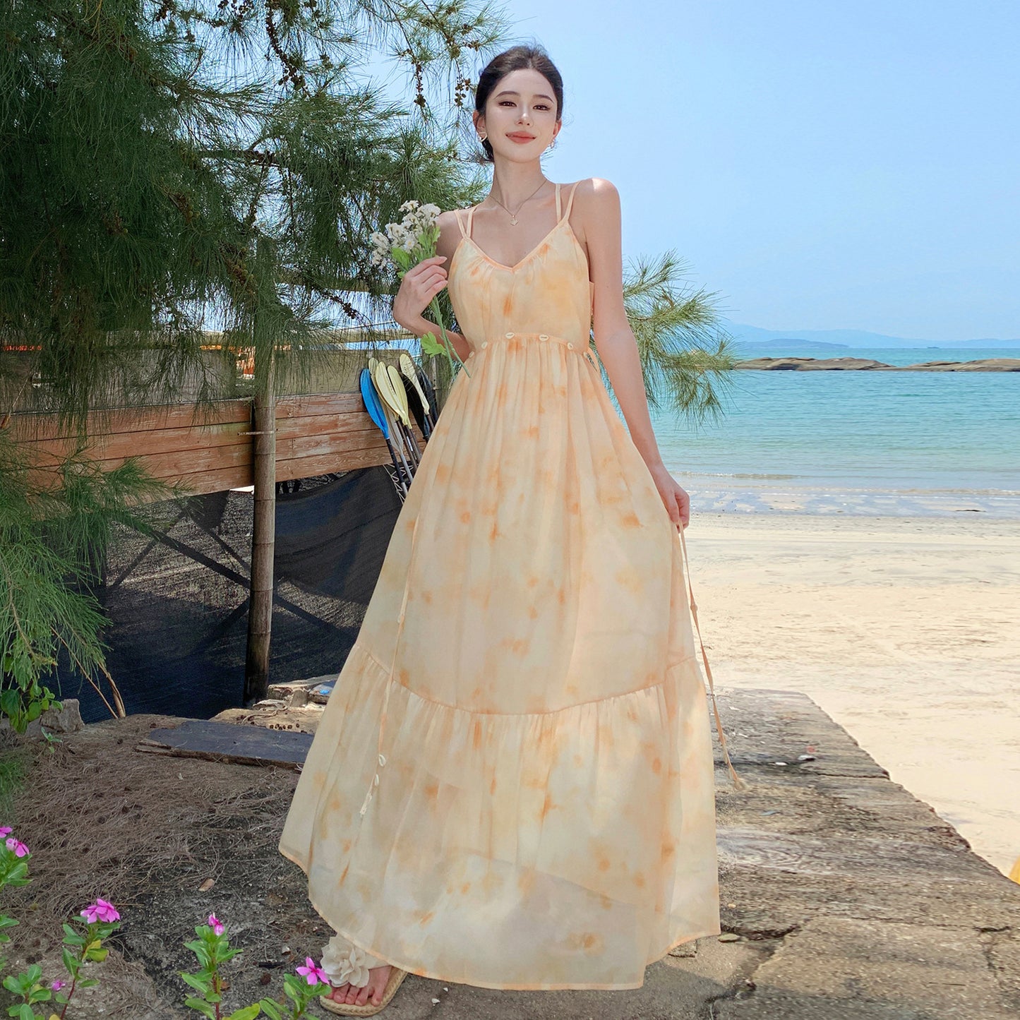 2025 High-end smudge printing V-neck suspender dress female summer seaside vacation  temperament big pendulum fairy long dress