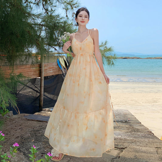2025 High-end smudge printing V-neck suspender dress female summer seaside vacation  temperament big pendulum fairy long dress