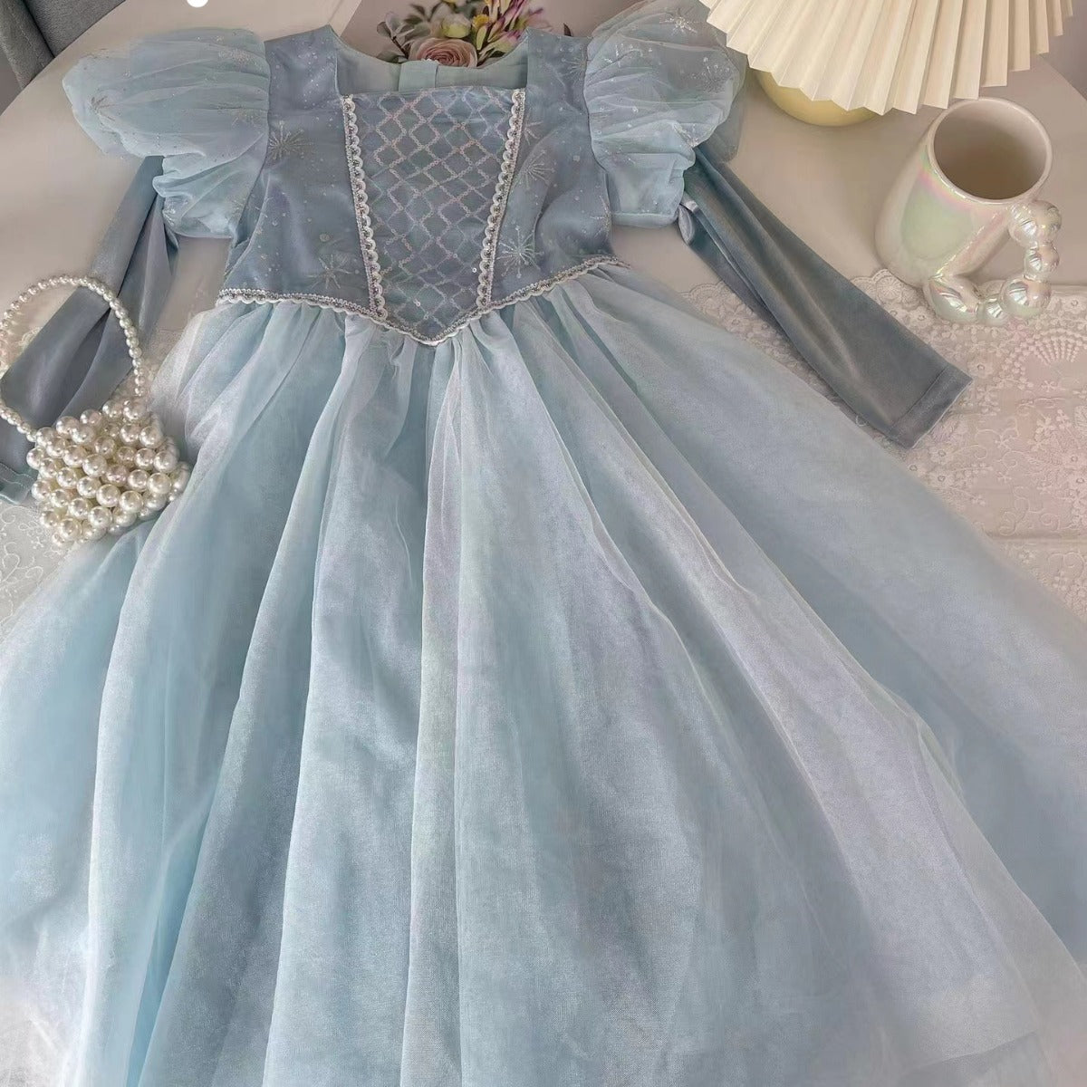 flowersverse Spring New Girls' Frozen Elsa's Princess Dress Dress Snowflake Shawl Birthday Dress Elsa