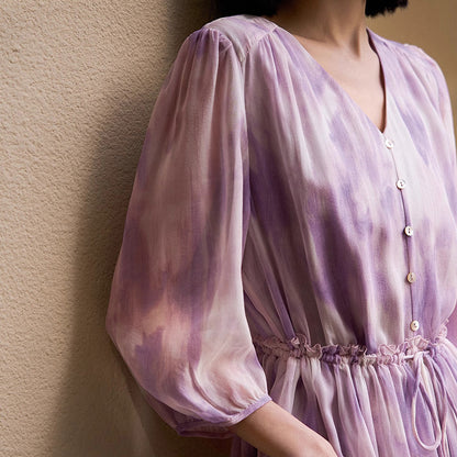 2025 Xiaoxian purple dress, smudge gradual change purple 100% mulberry silk waist printing dress  summer new women's clothing