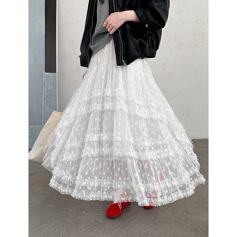 2025  Spring New Korean Version Sweet Lace Princess Fluffy Gauze Skirt Lace A-word Lace Cake Skirt 811-1