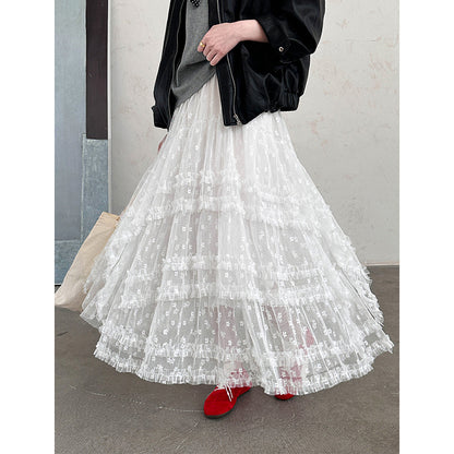 2025  Spring New Korean Version Sweet Lace Princess Fluffy Gauze Skirt Lace A-word Lace Cake Skirt 811-1