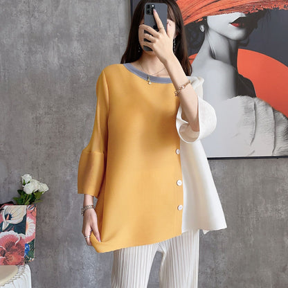 Miyake splicing large size  spring clothing new women's clothing loose color matching short T-shirt square neck pleated top women