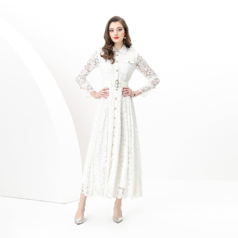 Early Spring - Holiday Pleated Waist Wide Pendulum Lace Long Tooling Dress