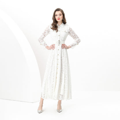 Early Spring - Holiday Pleated Waist Wide Pendulum Lace Long Tooling Dress