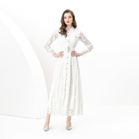 Early Spring - Holiday Pleated Waist Wide Pendulum Lace Long Tooling Dress