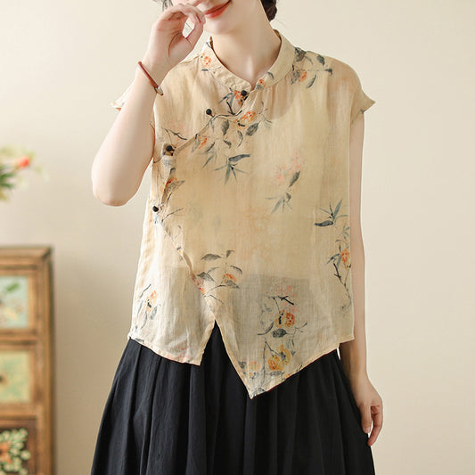 Cotton and linen new Chinese-style diagonal placket-button sleeveless shirt  summer national style printing retro literary temperament top women