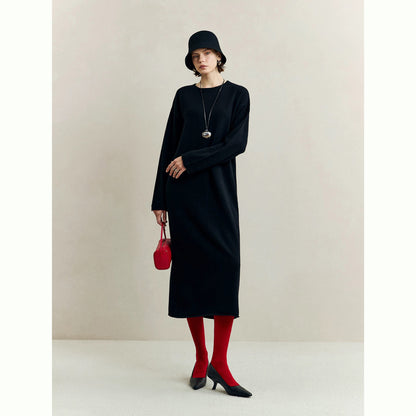 Siyuan [wool silhouette dress] minimalist style soft camel round neck lazy loose dress women 8927
