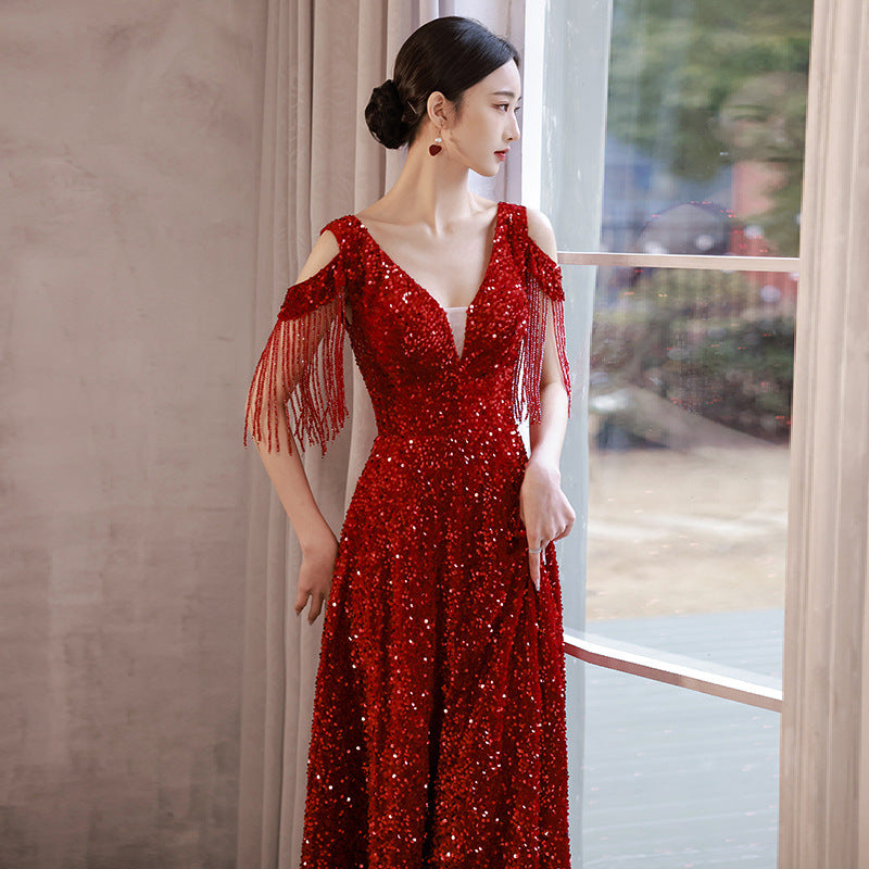 Burgundy Bridal Toast Women's 2025 New Spring Wedding Engagement Sequins Dignified Atmospheric Evening Dress Dress Large Size