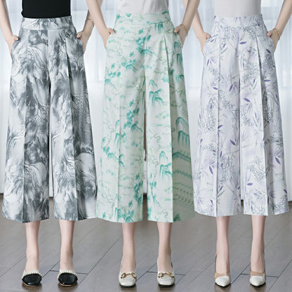 flowersverse Printed Wide-Leg Pants for Women  Summer New Fashionable Stylish High Waist Stitching Linen-Containing Middle-Aged Mom Straight-Leg Pants Fashion