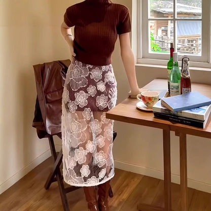 2025 Contrasting color splicing skirt women's mesh embroidery high-end  new  gentle style design skirt