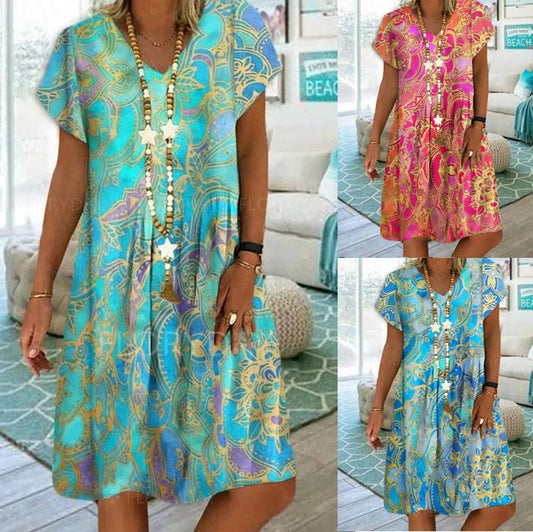 FLOWERSVERSE Chuyi  independent station wishes summer 2025 women's clothing V-neck printing temperament commuter short-sleeved dress