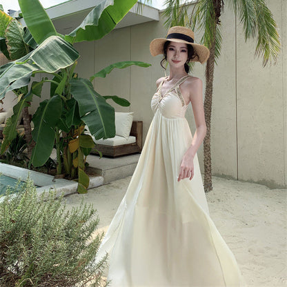 2025 High-end light luxury celebrity banquet neck sling dress niche design seaside vacation beach dress long dress