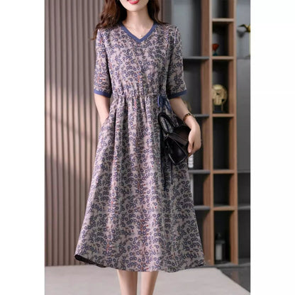 gentle wind print dress women's  summer new Korean version temperament lace-up thin floral dress