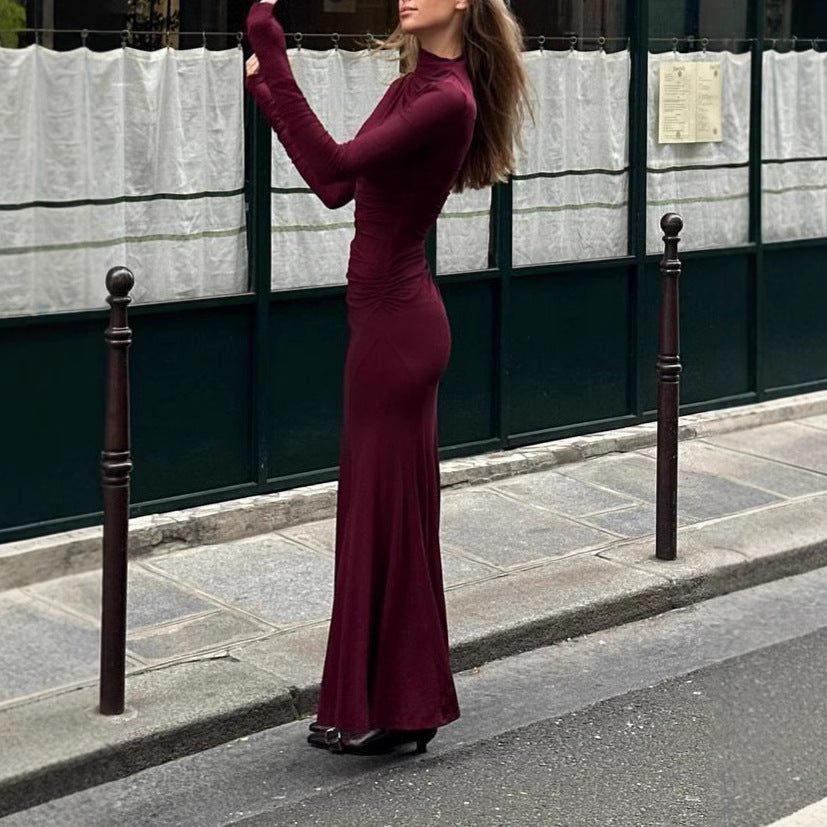 FLOWERSVERSE popular autumn new 2025 women's clothing elegant solid color temperament pleated slim hip wrap long sleeve dress dress