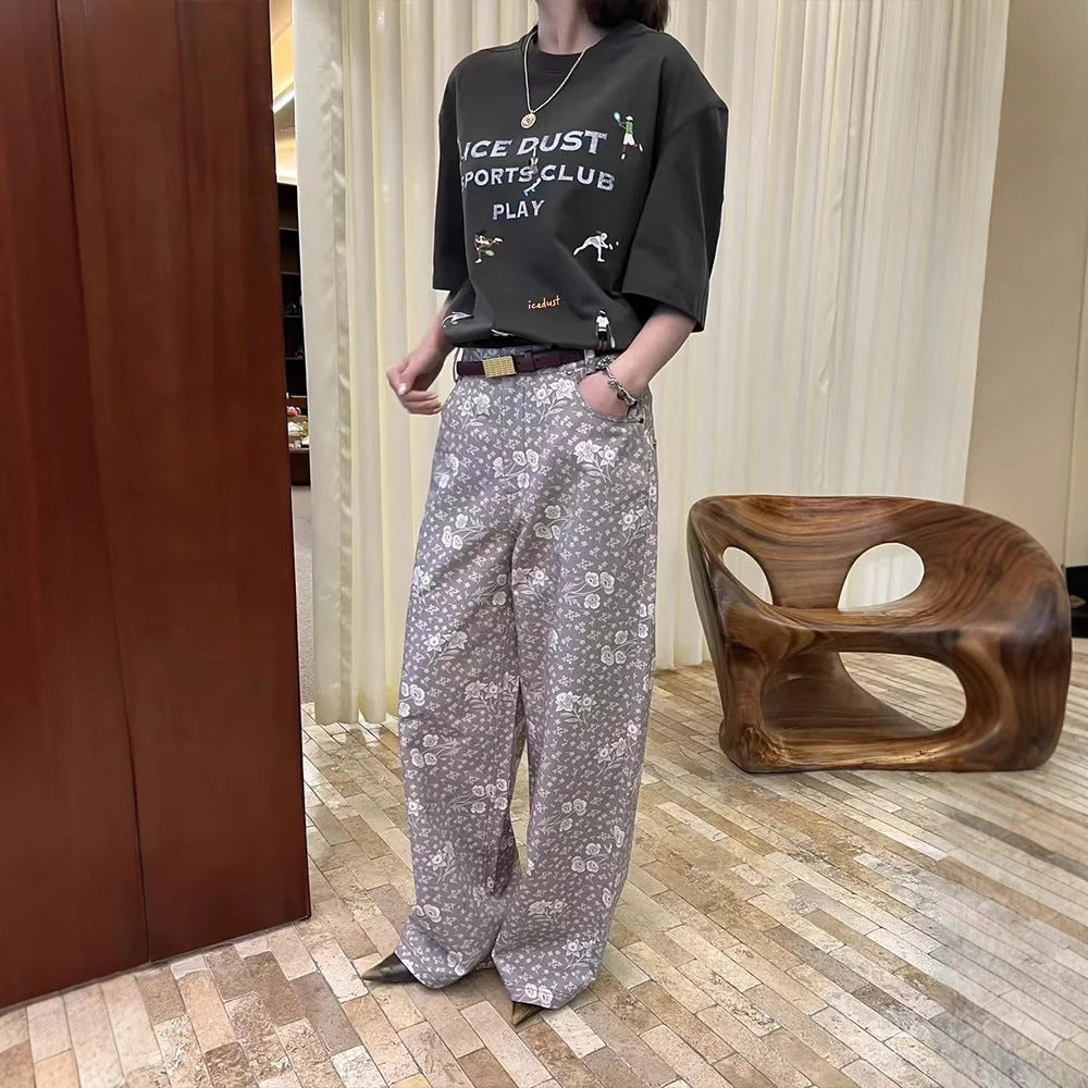 Siyuan high-end temperament cotton flower printing wide-leg pants women's 25 spring and summer comfortable loose casual straight trousers