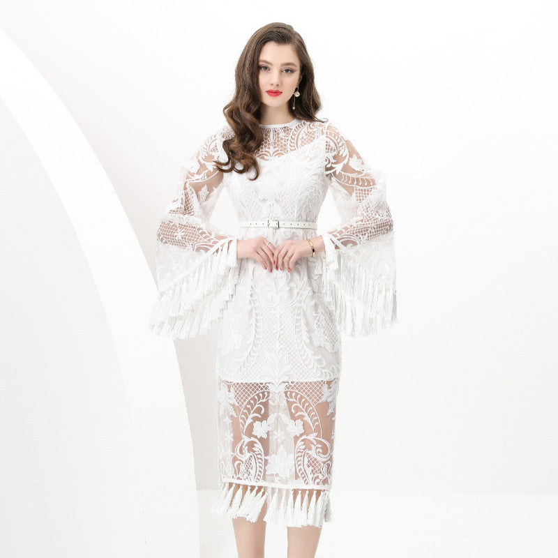 Light luxury  style mesh dress women's spring horn sleeve hollow crochet tassel design high-end imperial sister long dress