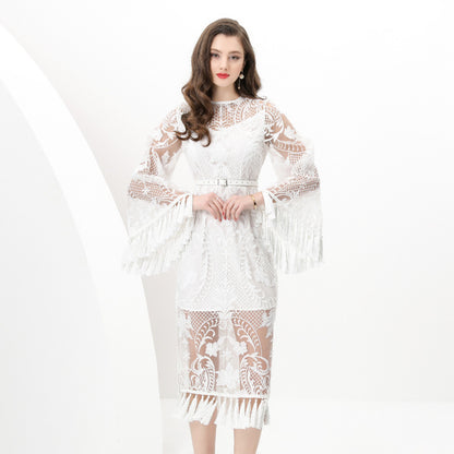 Light luxury  style mesh dress women's spring horn sleeve hollow crochet tassel design high-end imperial sister long dress
