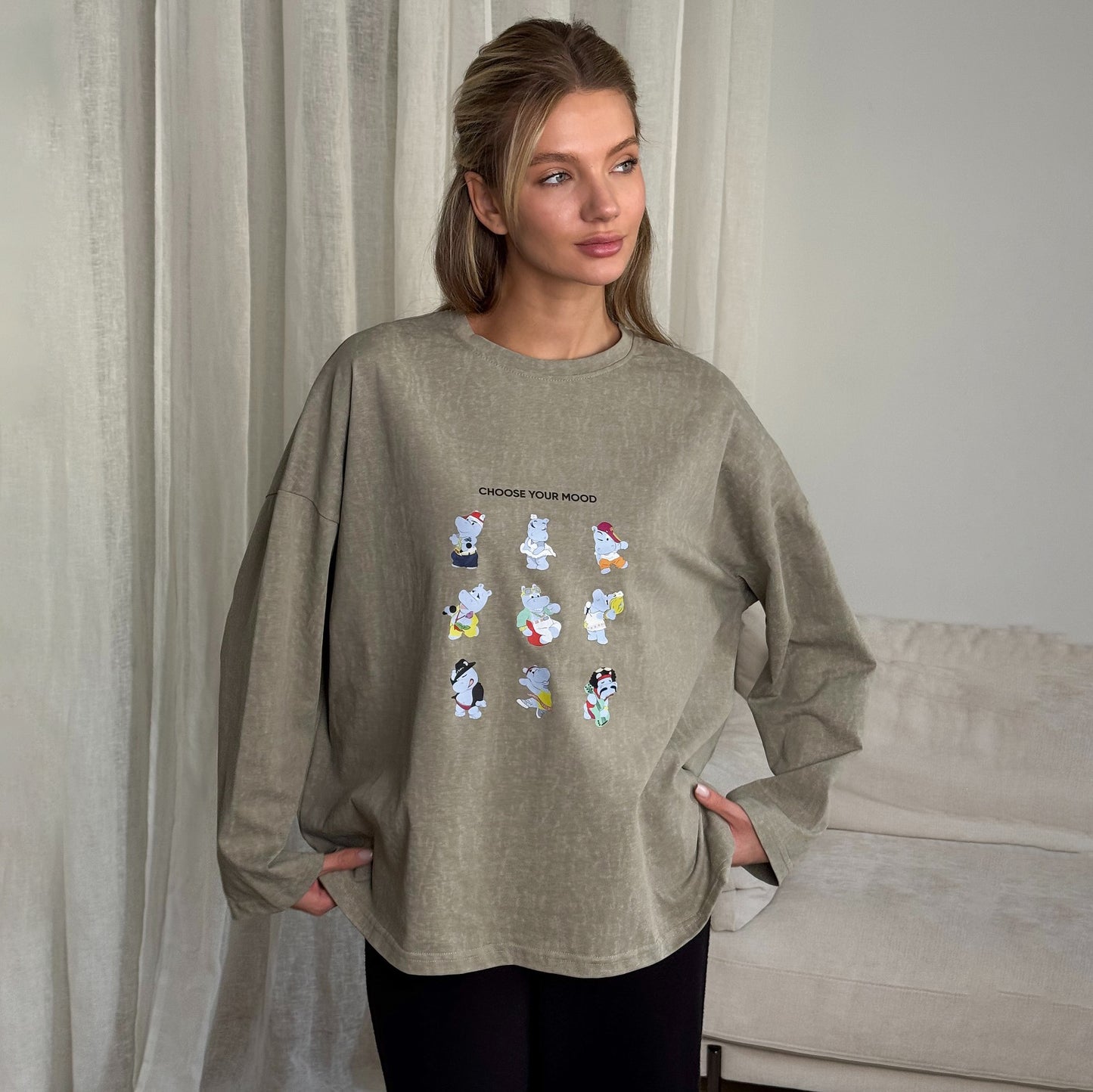 ins style old lazy printing T-shirt top long sleeve round neck casual loose versatile and thin design sense T