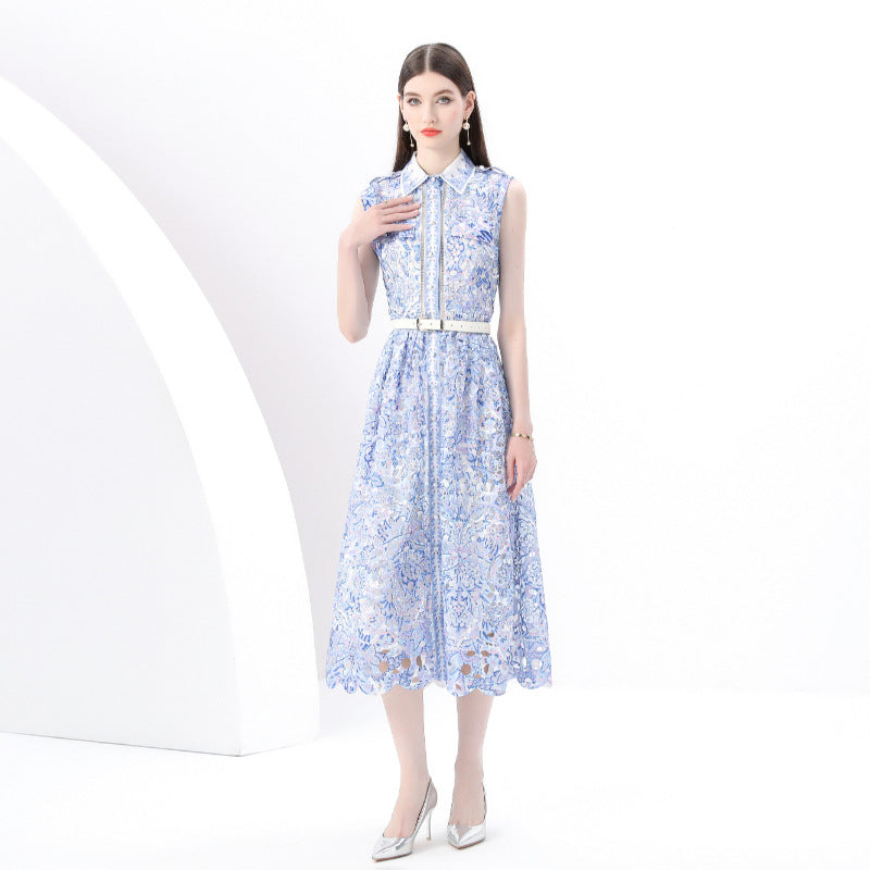 retro court style small flying sleeves waist lapel single-breasted cardigan printed long dress