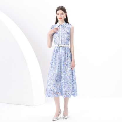 retro court style small flying sleeves waist lapel single-breasted cardigan printed long dress