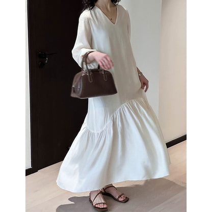 2025  V-neck dress 2025 early spring new  high-end temperament loose and gentle fishtail dress 1583