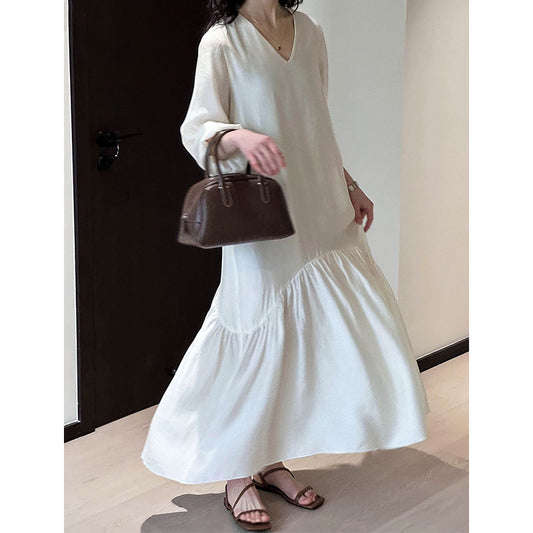 2025  V-neck dress 2025 early spring new  high-end temperament loose and gentle fishtail dress 1583
