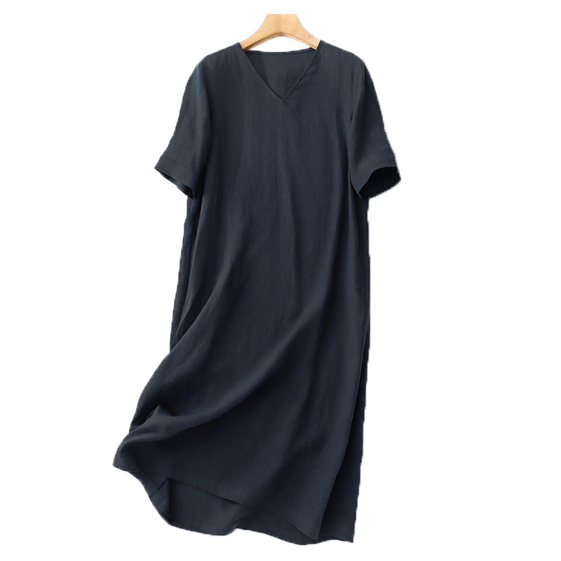 spring and summer new cotton and linen temperament V-neck loose and thin versatile commuter dress large size robe casual women