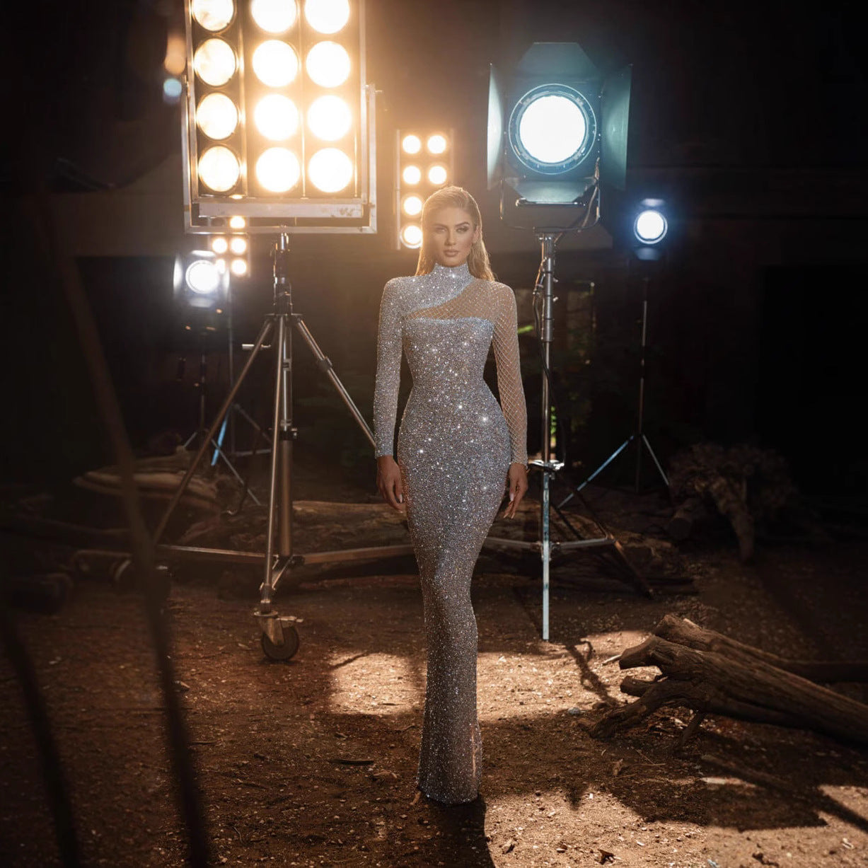 FLOWERSVERSE 2025 New new  2025 hollow off-the-shoulder dress round neck slim temperament S-shaped sequin dress